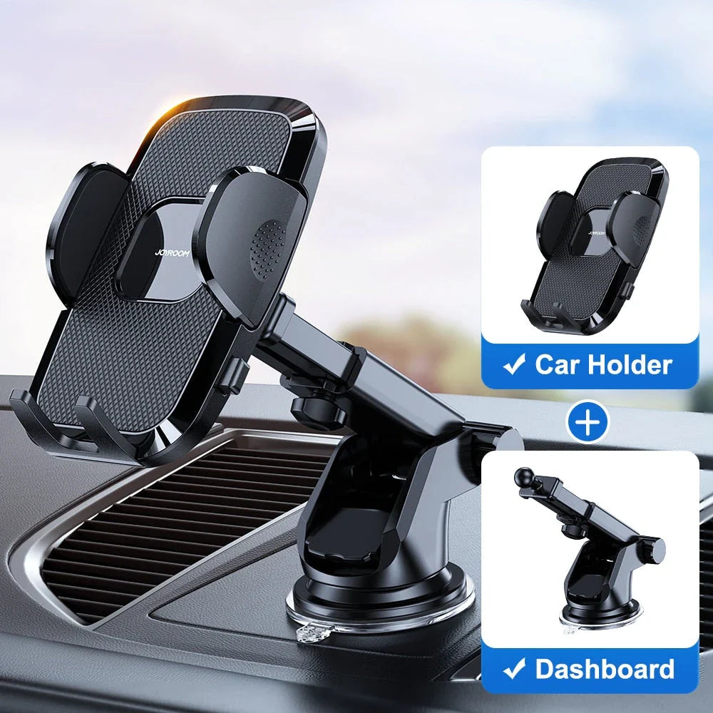 360-degree rotating car phone holder with flexible arm and universal smartphone compatibility