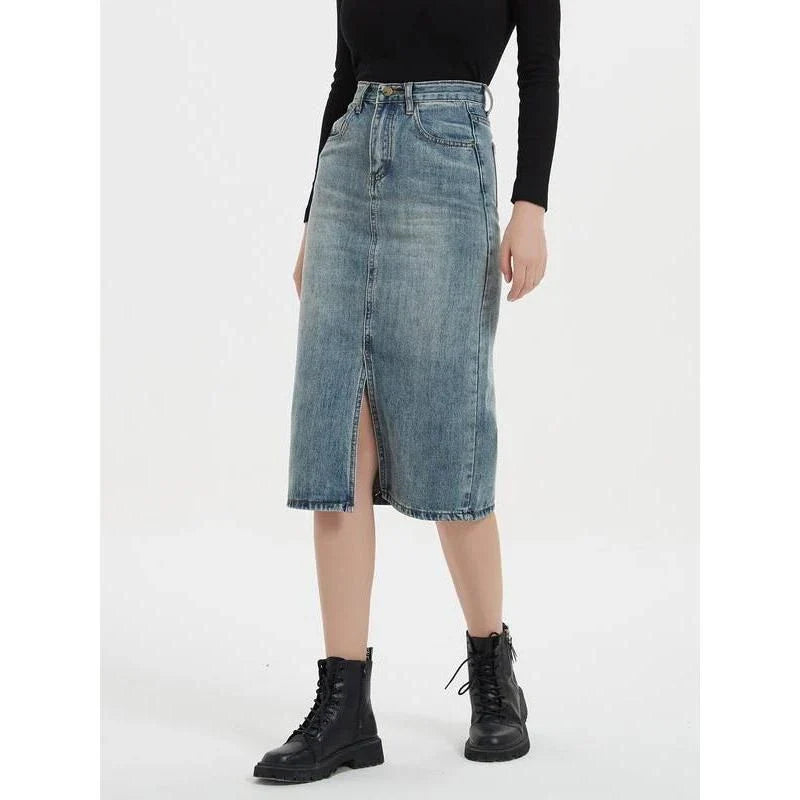 Chic and Comfortable High-Rise Denim Pencil Skirt with Flattering High-Waist Design and Versatile A-Line Silhouette