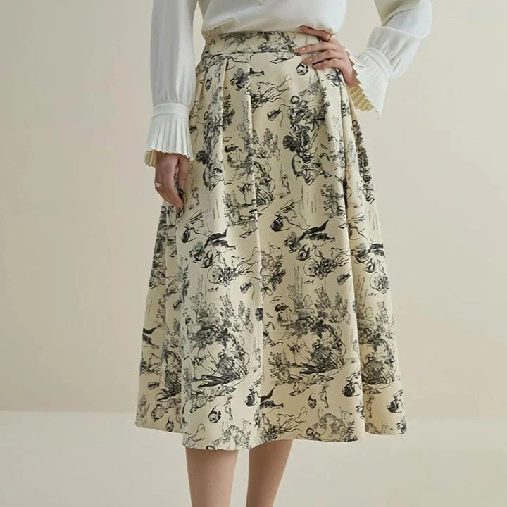 Premium polyester A-line midi skirt with unique ink animal print, designed for stylish winters.