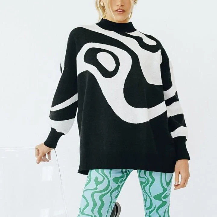 A woman wearing a stylish, striped turtleneck oversized sweater in a relaxed, comfortable fit.