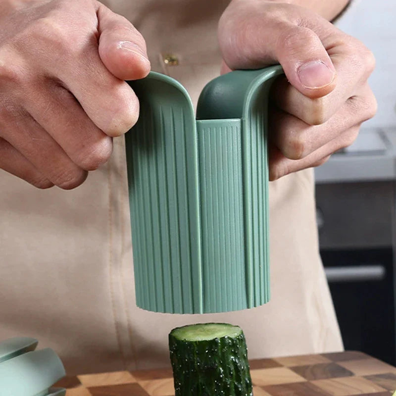 A modern and efficient cucumber slicer with a vibrant green color and a multifunctional design for easy vegetable prep