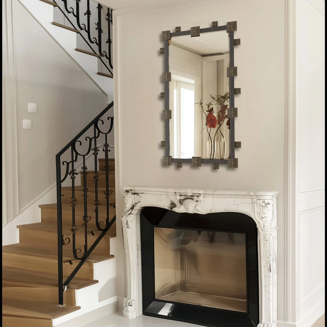 Elegant industrial-vintage rectangular wall mirror with ornate frame, perfect for bathroom, bedroom, or living room decor