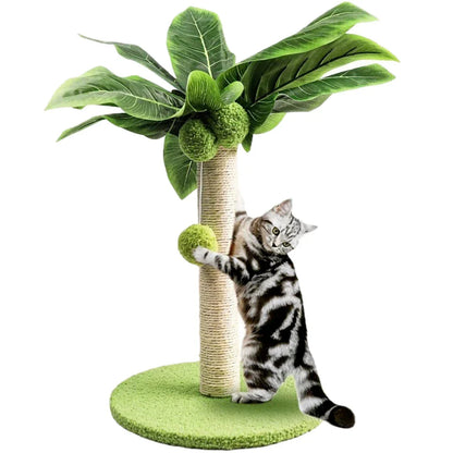 A natural-inspired cat scratching post with green leaves and interactive toys, providing a safe and engaging scratching surface for your feline companion.