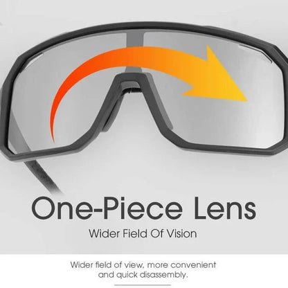 Pair of adjustable, photochromic cycling sunglasses with UV400 protection, suitable for outdoor activities and sports