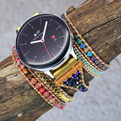 Stylish stone woven watch strap with natural beads and durable fabric design, compatible with various smartwatch sizes.