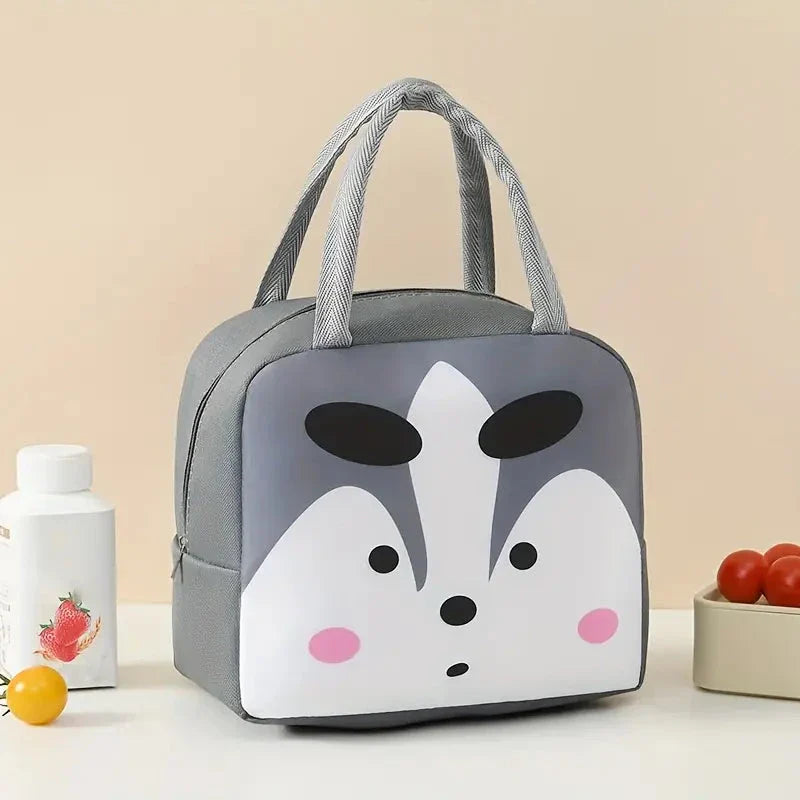 Insulated lunch box with cartoon animal designs, made of durable Oxford cloth material