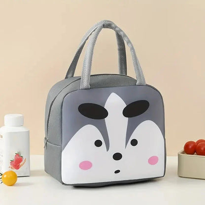 Insulated lunch box with cartoon animal designs, made of durable Oxford cloth material