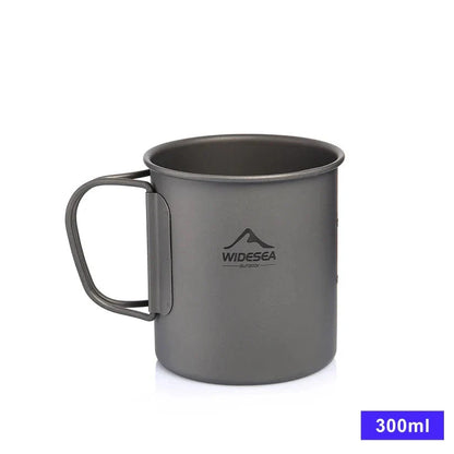 Titanium camping mug with lid, foldable design, available in multiple sizes for outdoor adventures