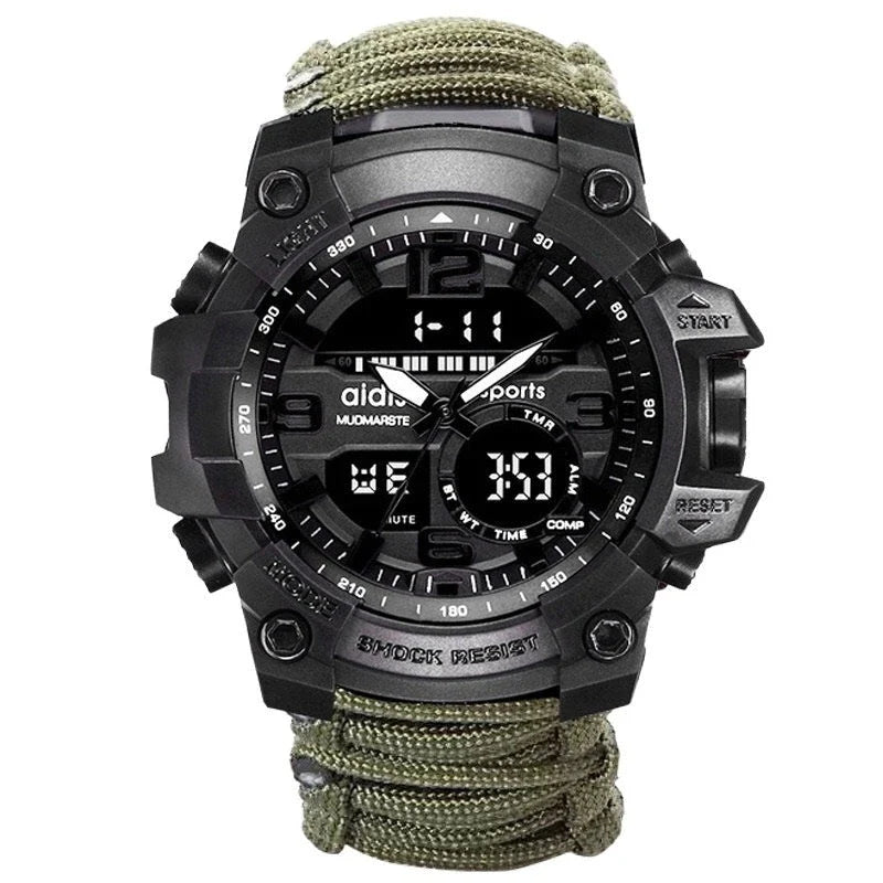 Outdoor survival watch with compass, parachute cord, and water-resistant design for rugged adventures