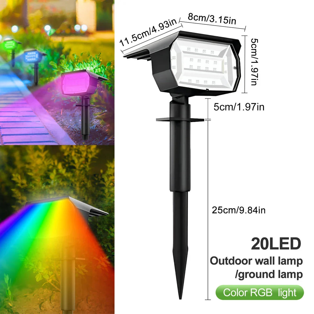 Outdoor Solar Landscape Spotlights with multiple LED options and lighting modes for customizable ambiance in gardens, pathways, and patios