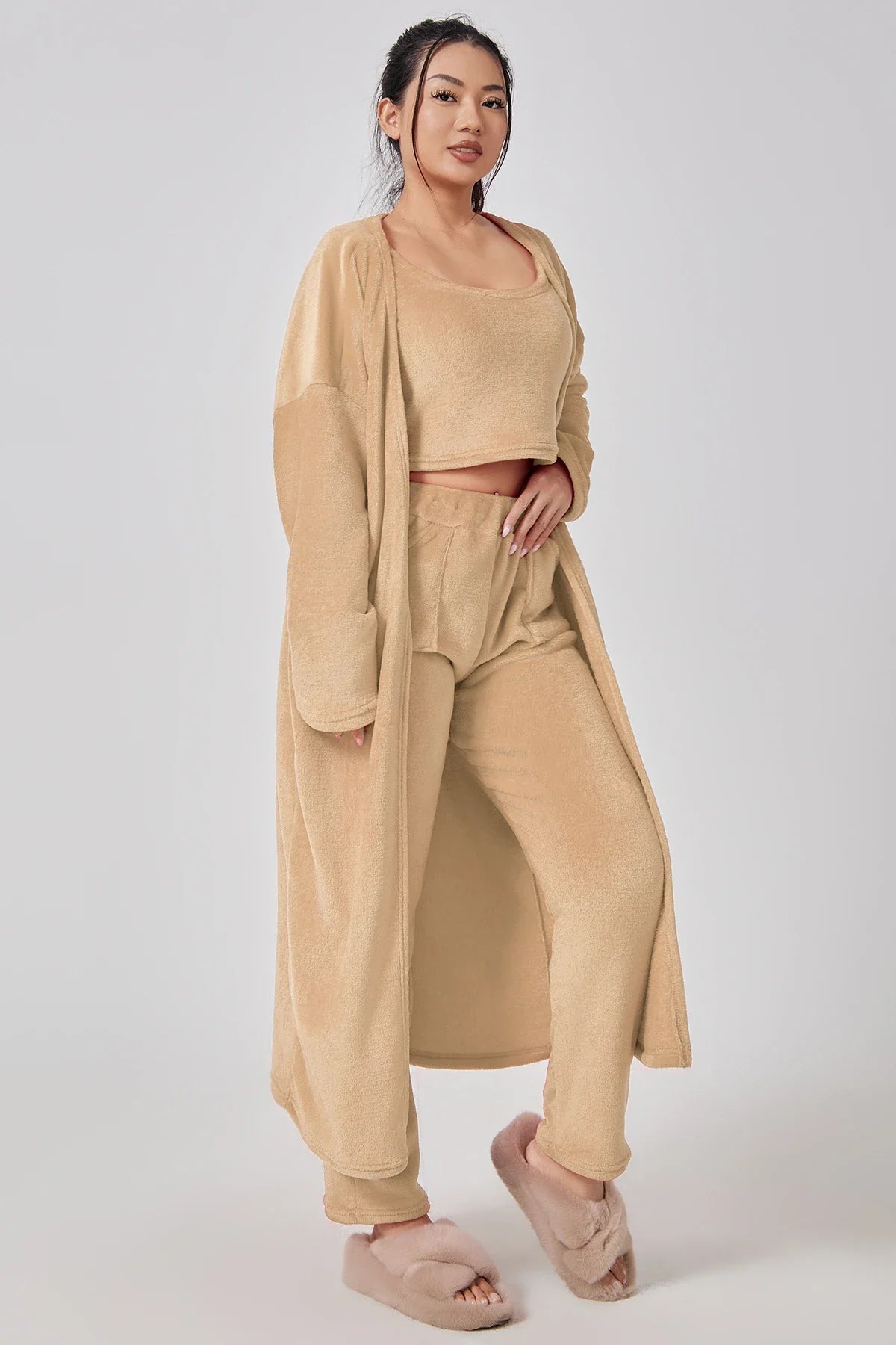 Cozy 3-piece loungewear set in pastel colors including crop top, wide-leg pants, and matching cardigan