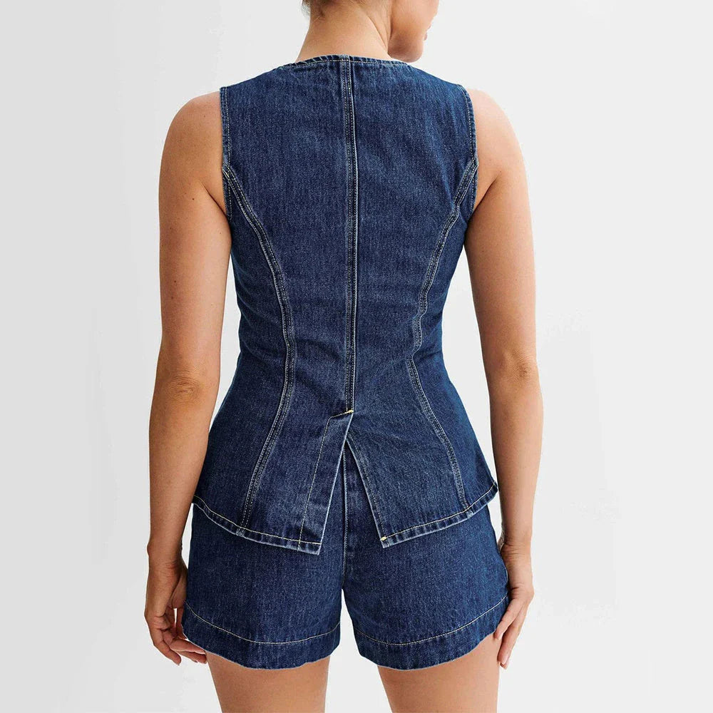 Sleeveless denim button-up top and high-waisted shorts set for women's summer fashion