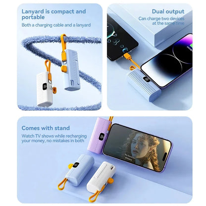 A compact, dual-port 30,000mAh power bank with built-in charging cables and fast charging capabilities.