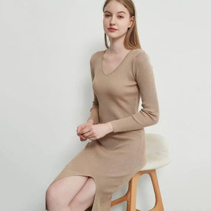 Elegant knitted midi dress in beige, black, and brown colors with lace-up details for modern sophistication
