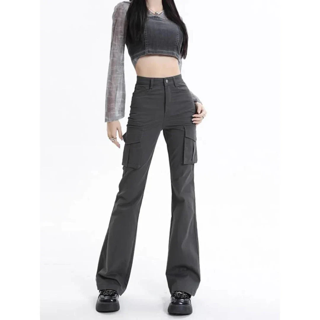 Stylish high-waist slim cargo jeans for modern American women, featuring a sleek silhouette and practical design