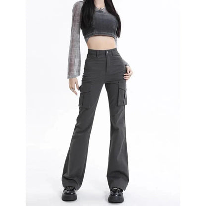 Stylish high-waist slim cargo jeans for modern American women, featuring a sleek silhouette and practical design