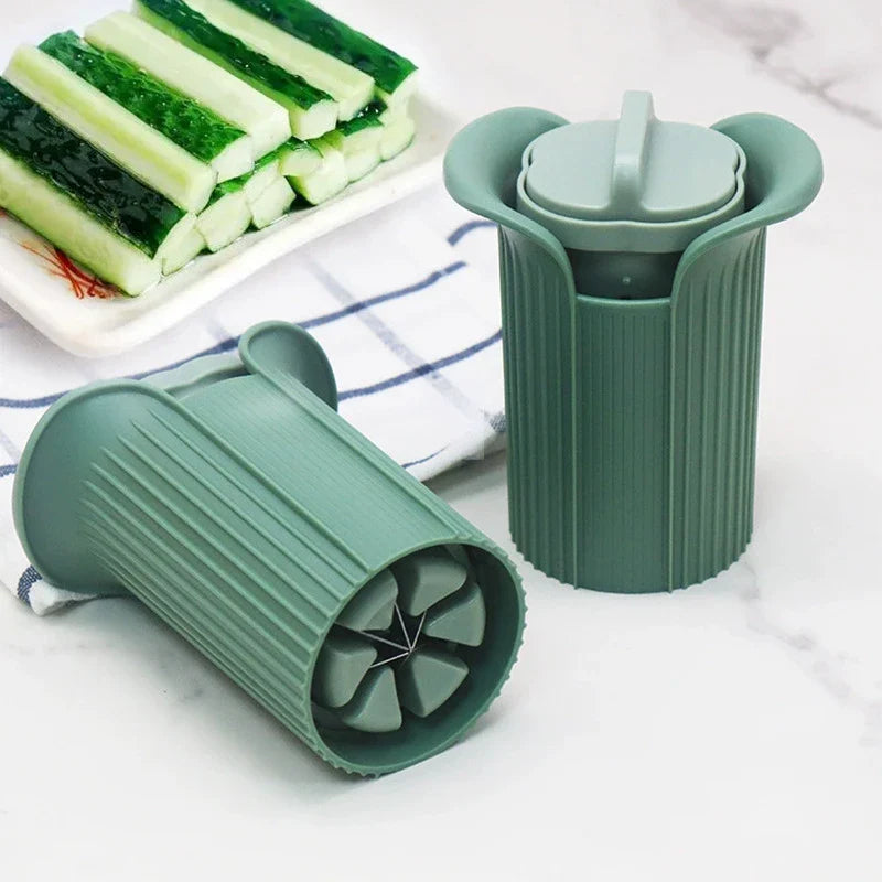 A modern and efficient cucumber slicer with a vibrant green color and a multifunctional design for easy vegetable prep