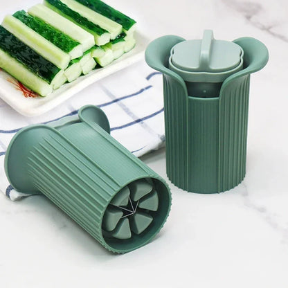 A modern and efficient cucumber slicer with a vibrant green color and a multifunctional design for easy vegetable prep