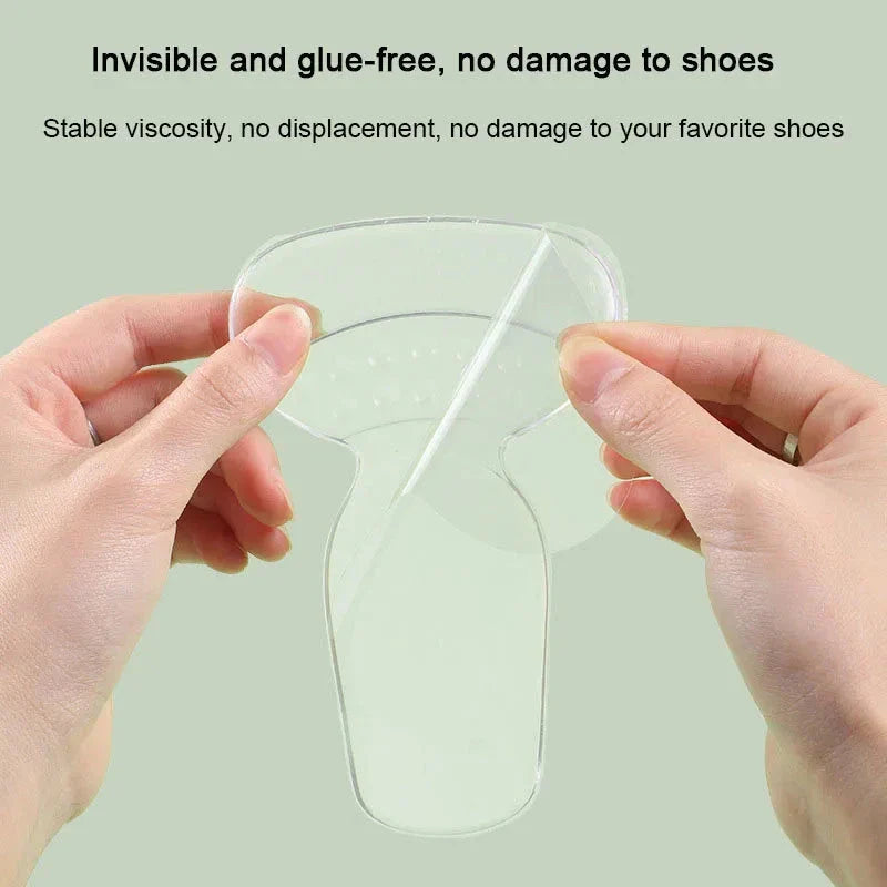 Transparent, flexible silicone heel protector stickers that provide cushioning and support for comfortable high heels, boots, and other footwear