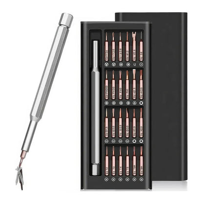 A 24-in-1 magnetic precision screwdriver set with an ergonomic handle and 24 hardened S2 tool steel bits for versatile DIY repairs