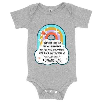 Soft, comfortable Bible verse onesie in mauve triblend fabric for newborns and growing babies up to 24 months