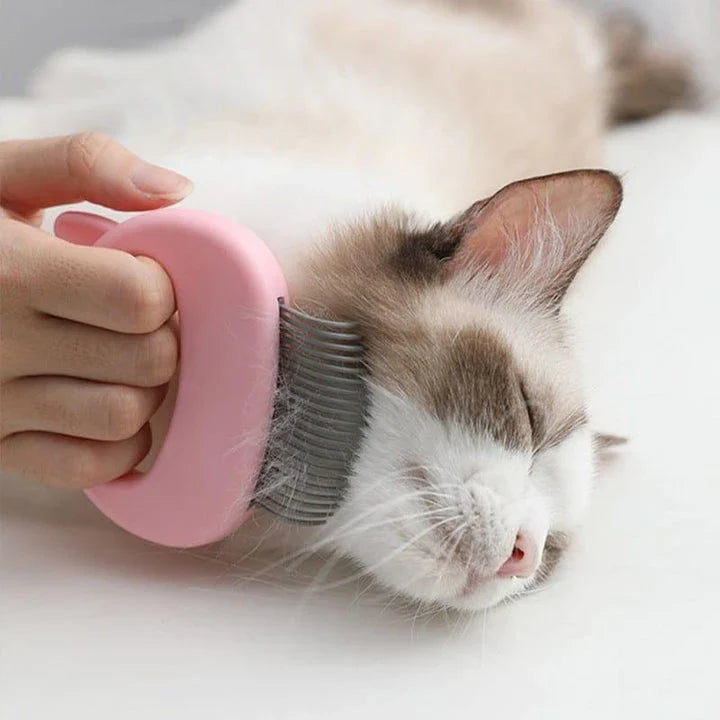 A blue pet grooming brush with a curved design, designed to gently massage and remove loose hair from your pet's coat.