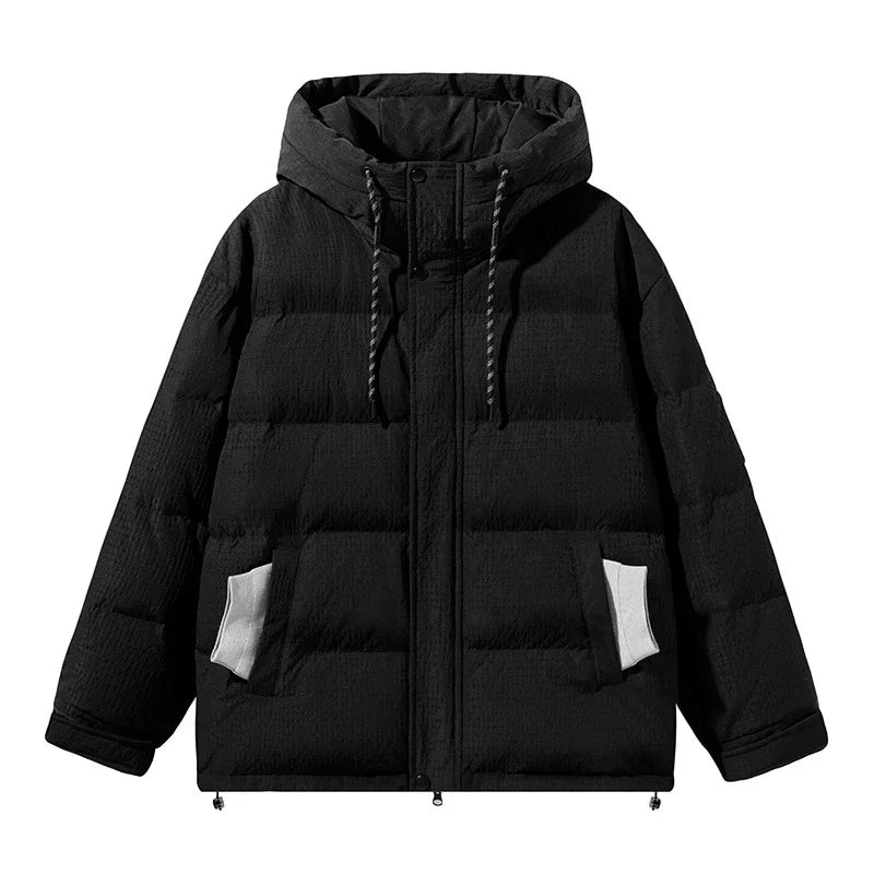 Premium youth insulated windbreaker jacket in black, beige, and brown colors with 90% white duck down insulation for warmth and wind protection
