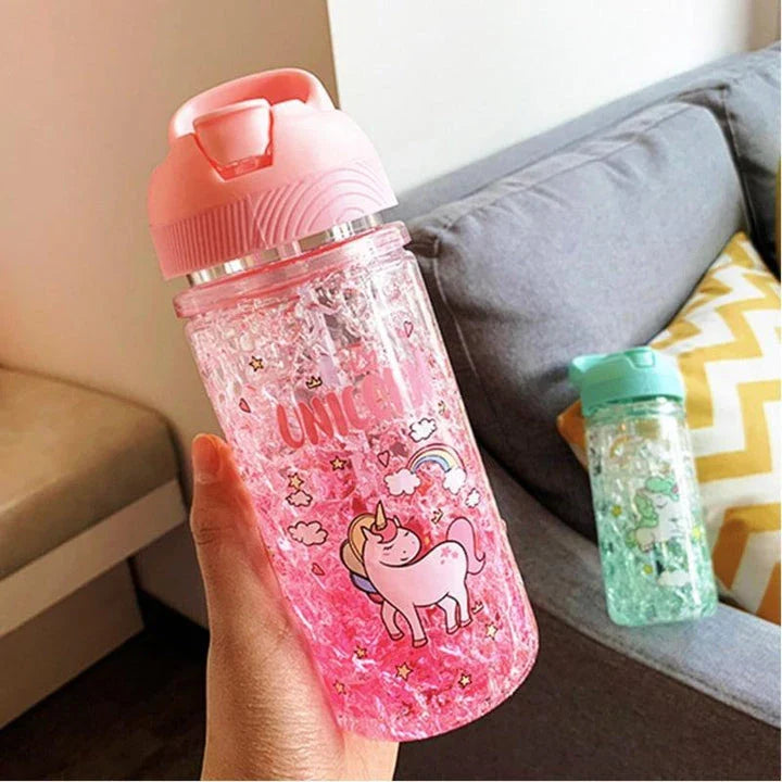 A reusable water bottle with a vibrant unicorn print design and dual straw feature, perfect for on-the-go hydration and adding a touch of whimsy to your day.