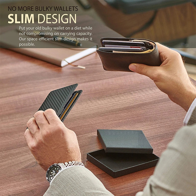 Premium men's wallet made of genuine leather and carbon fiber, featuring multiple card slots for organized storage and a sleek, slim design.