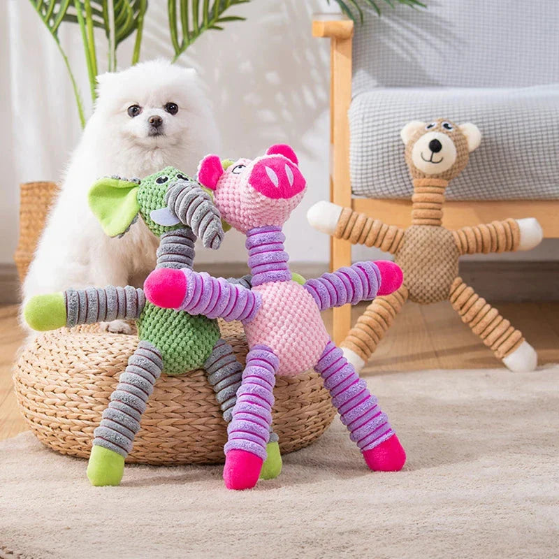 A high-quality plush pet toy with a squeaker, designed to be durable and promote dental health through interactive play.