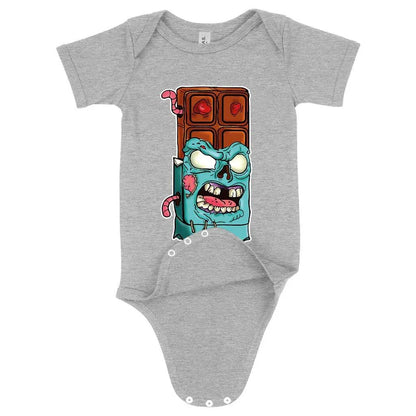Soft and comfortable baby chocolate zombie onesie with envelope neckline and snap leg closure, made with premium Airlume cotton blend fabric in the USA