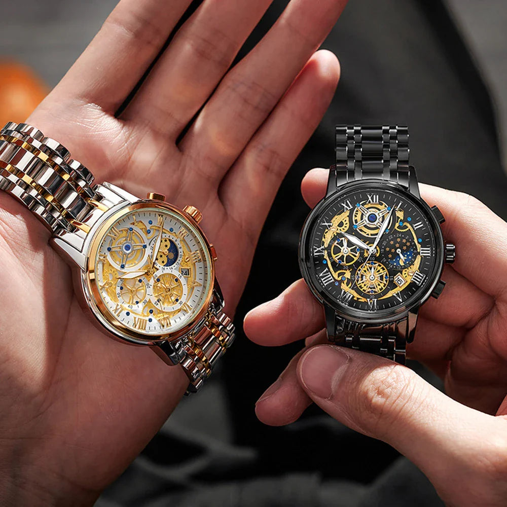 Premium quartz multifunction waterproof watch for men with stainless steel band and various color options