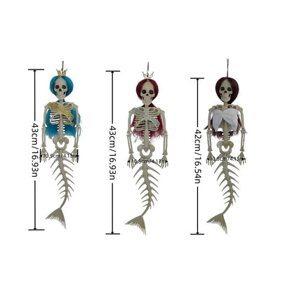Mermaid bone pendant in various colors, including brown, dark purple, burgundy, and lake blue, hanging outdoors for Halloween decoration