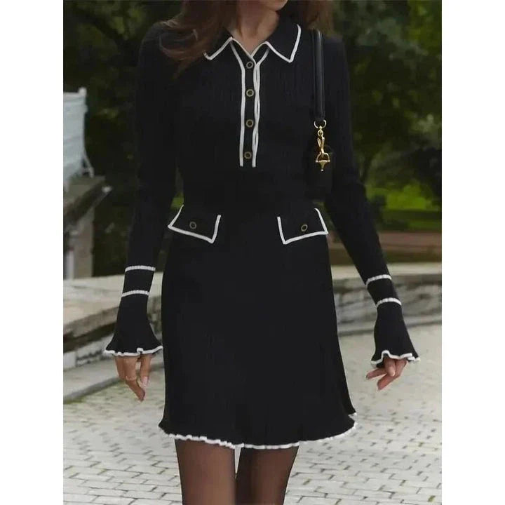 Elegant ruffled knit mini dress in black with high stretch fabric and patchwork pattern for a sophisticated and comfortable look