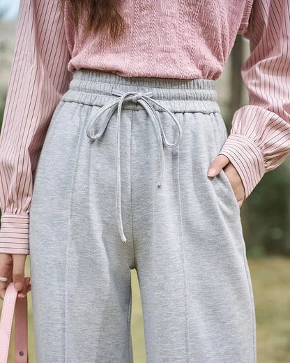 High-Waisted Wide Leg Casual Pants with Lace-Up Waist in Gray Color