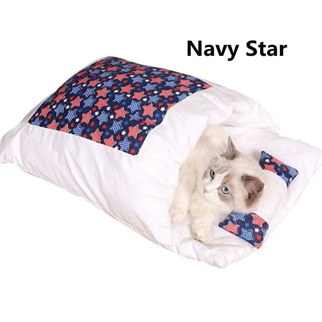 Cozy Cat Sleeping Bag Mat in various colors and sizes, providing a plush and comfortable sleeping surface for cats.