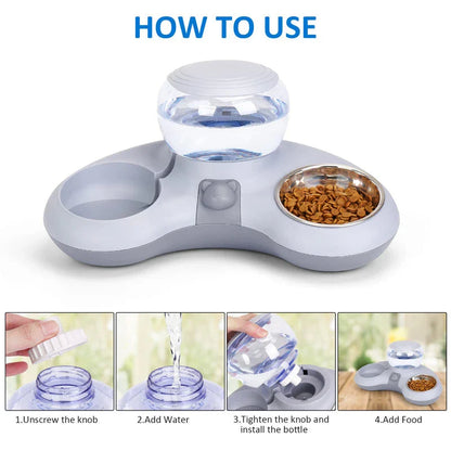 Automatic Pet Water Dispenser & Elevated Dual Cat Bowls - Gravity-fed water dispenser and tilted, elevated bowls for convenient and comfortable pet feeding