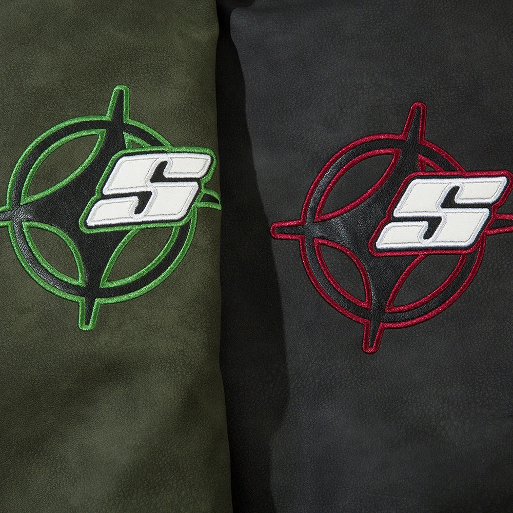 Fashionable Loose PU Leather Jacket with Star Embroidery Design in Black and Gray Green Colors