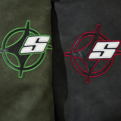 Fashionable Loose PU Leather Jacket with Star Embroidery Design in Black and Gray Green Colors