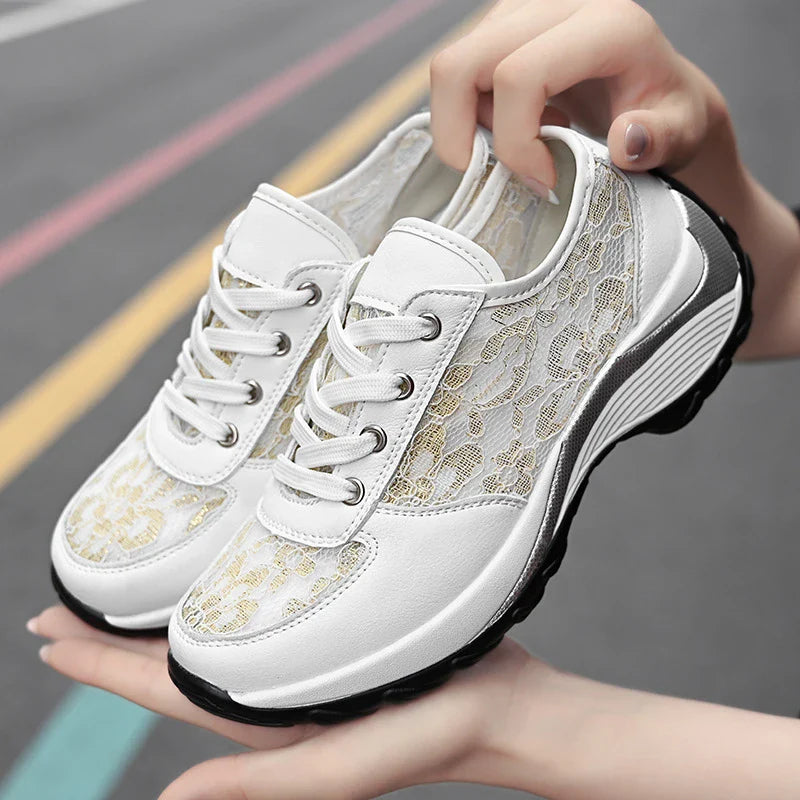 Women's Korean-style embroidered sneakers with breathable mesh upper and rubber sole