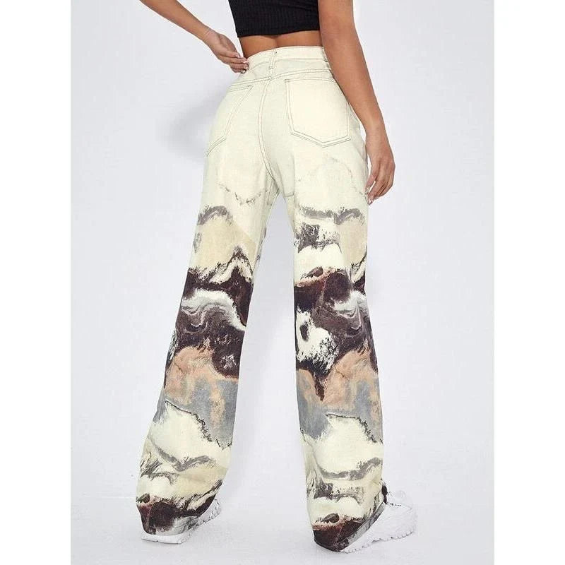 Stylish Korean tie-dye wide-leg high-waist jeans with a unique colorblock design, perfect for casual and office wear