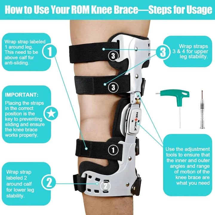 Adjustable knee brace with hinged stabilizer for enhanced recovery, featuring durable aluminum, breathable fabric, and customizable range of motion.