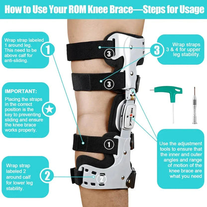Adjustable knee brace with hinged stabilizer for enhanced recovery, featuring durable aluminum, breathable fabric, and customizable range of motion.