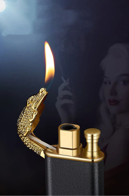 Multipurpose windproof lighter with a dragon or dolphin design, featuring a dual-flame and wind-resistant construction for versatile use.
