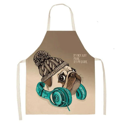 Charming pug-themed apron with a vibrant print, made of durable cotton and linen materials for practical kitchen use.