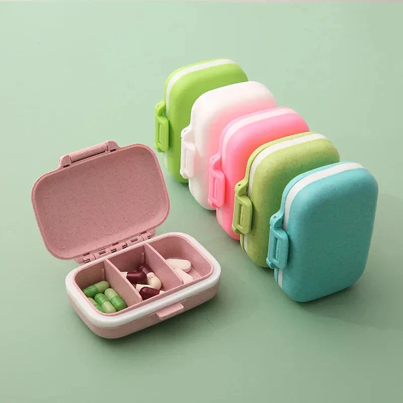 Compact, portable pill organizer with three separate compartments for organizing daily medications, vitamins, and supplements