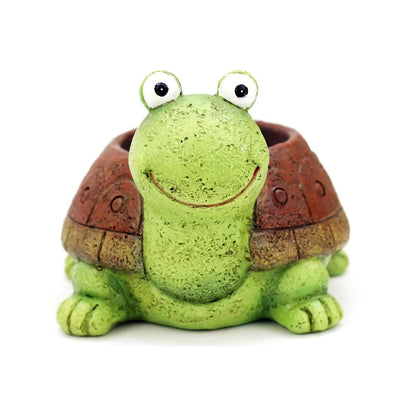 Charming gray cartoon turtle planter holding small potted succulents and cacti