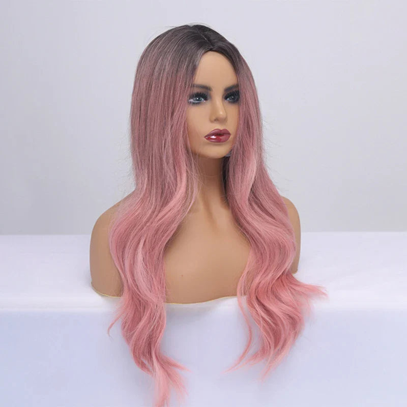 A long, curly wig made from high-quality chemical fibers in a variety of vibrant colors, perfect for cosplay, parties, or everyday wear.