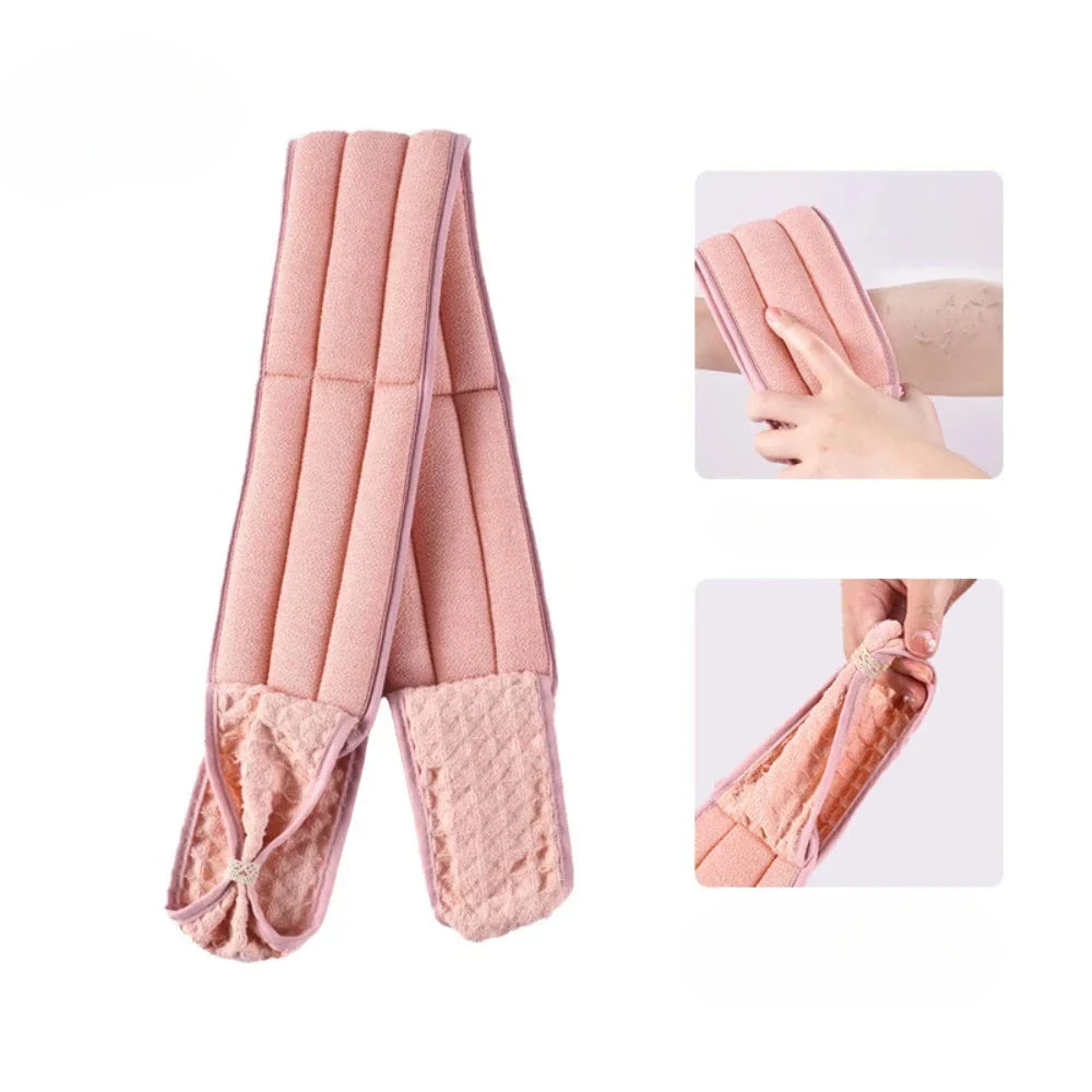 3-piece body scrubber and back massage bath brush set in pink, blue, and coffee colors