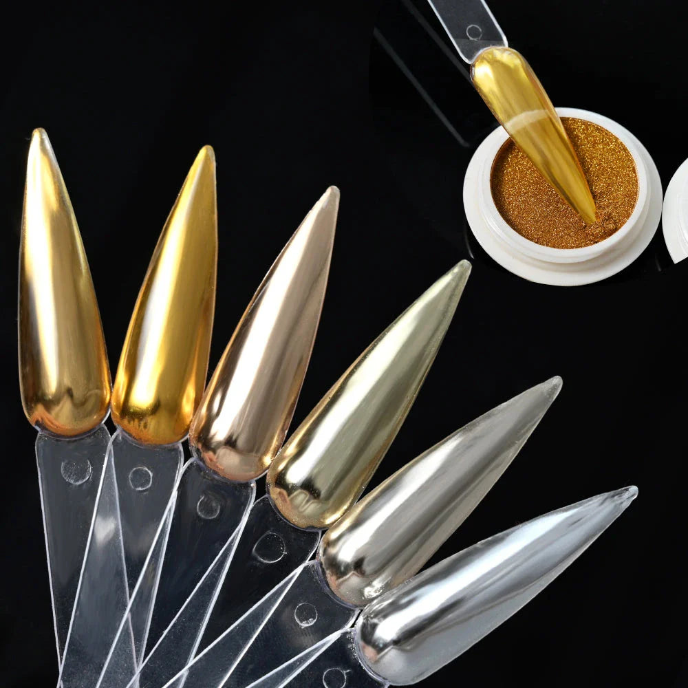 Glamorous mirror chrome metallic nail art powder set with gold and silver color options